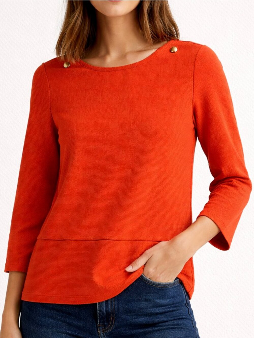 ZARA Knit Vibrant Coral Orange-Red Structured Ribbed Top with Gold Buttons M